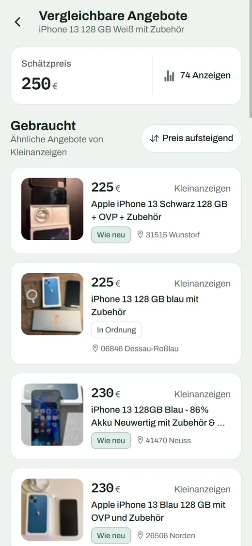 Liste vergleichbarer Angebote mit Preis, Zustand und Ort