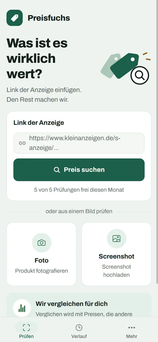 Startbildschirm von Preisfuchs mit Eingabefeld für den Anzeigenlink